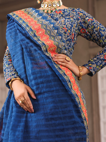 Blue Khaddi Net Saree Unstitched - AL-3PS-LS-SR-UN-429