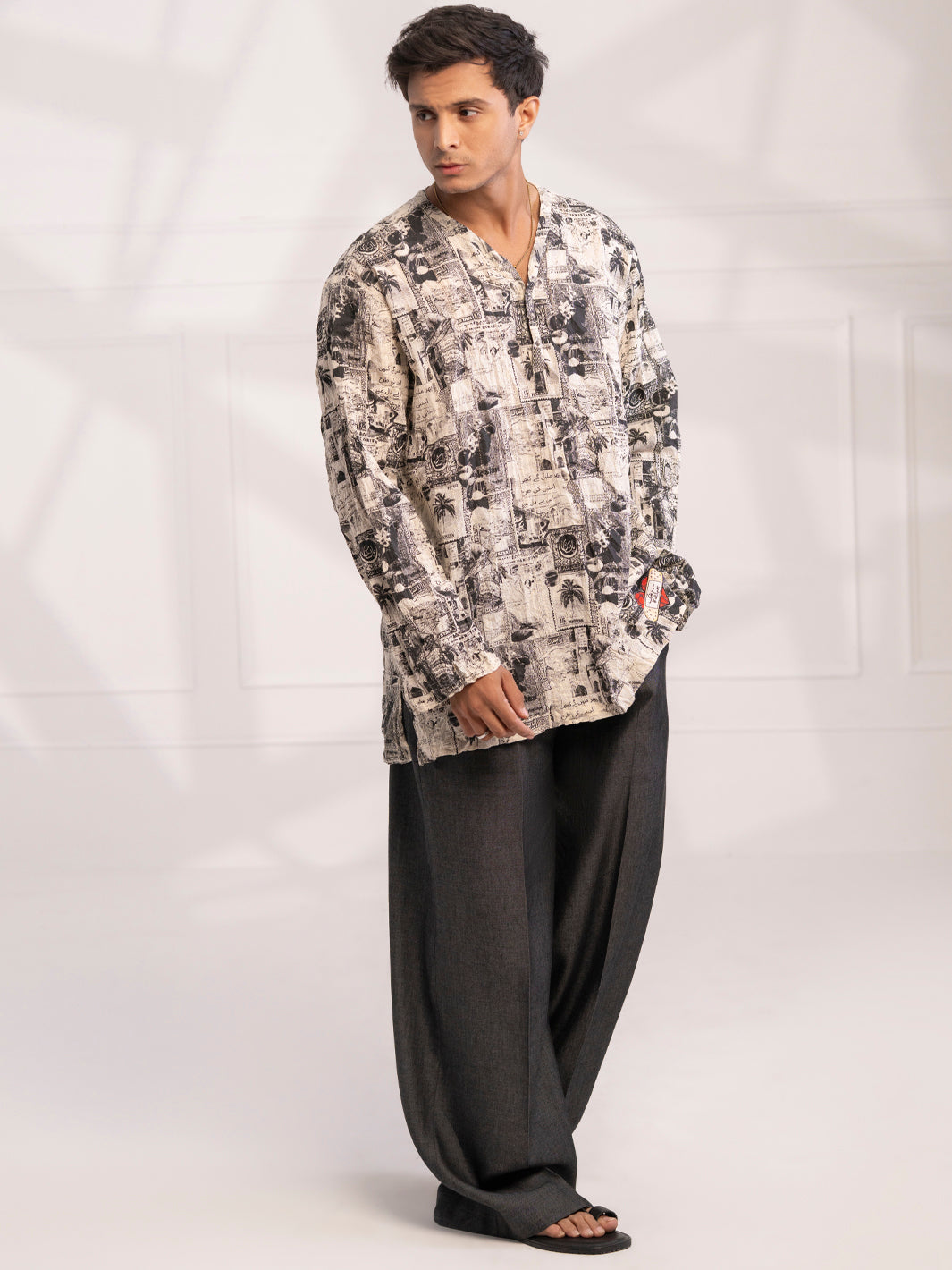 Black & White Cotton Short Kurta - AL-SK-021A