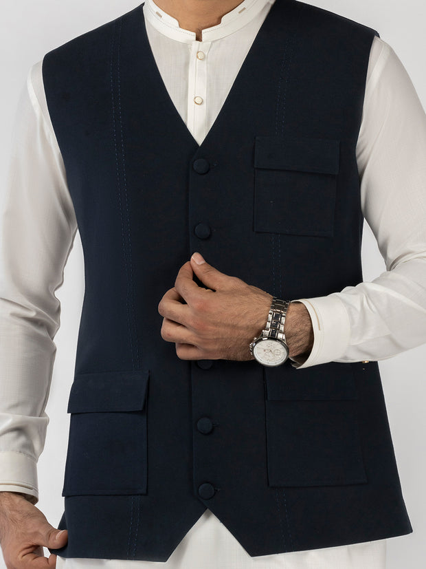 Navy Blue Blended Waistcoat - AL-WC-582