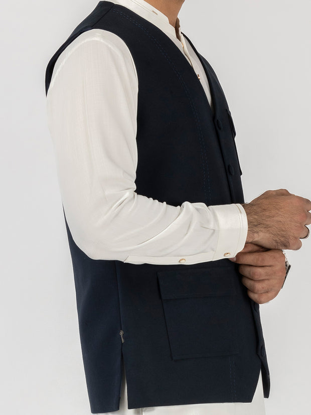 Navy Blue Blended Waistcoat - AL-WC-582