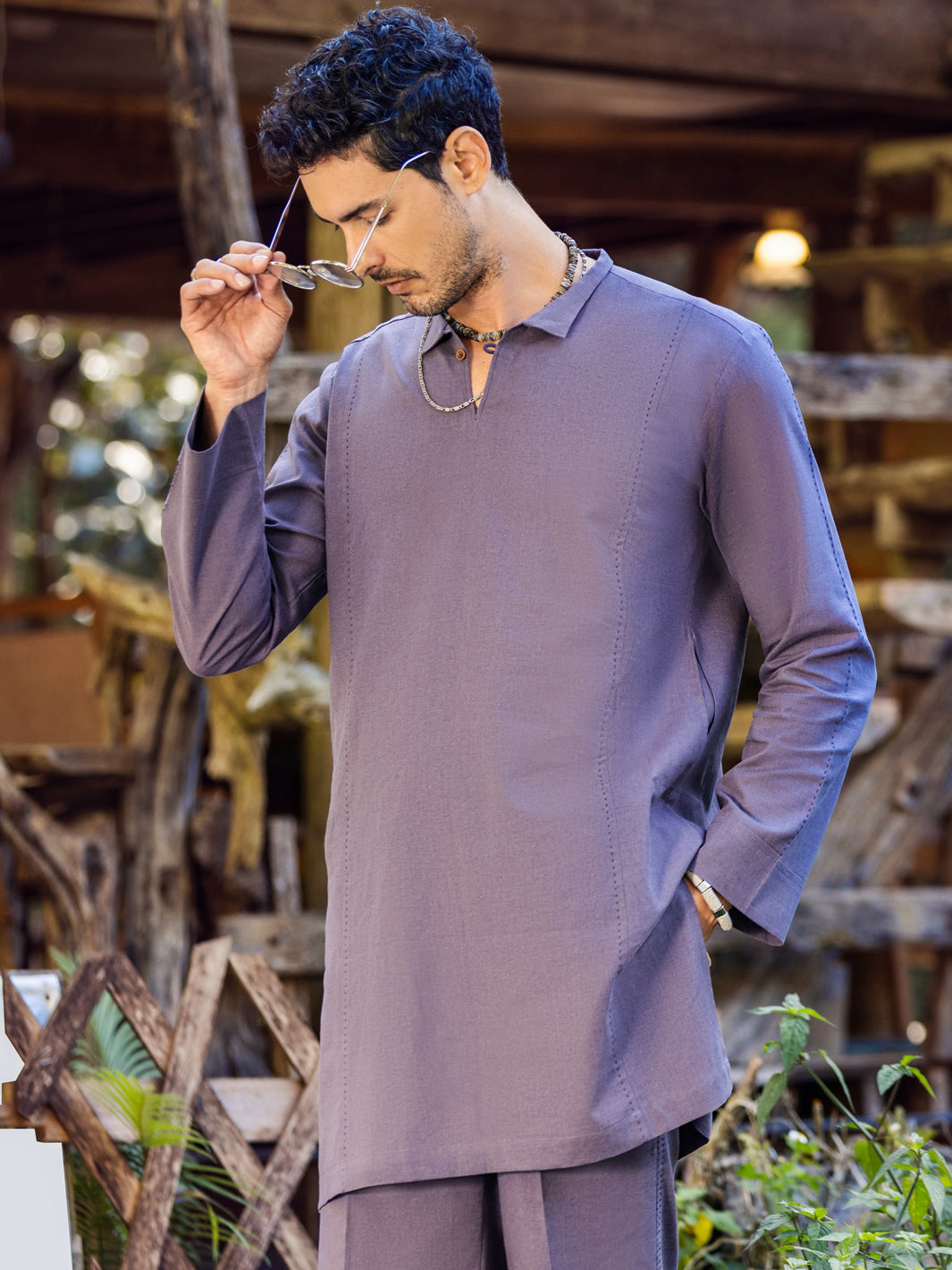 Purple Linen Short Kurta Trouser - ALCR-KT-003