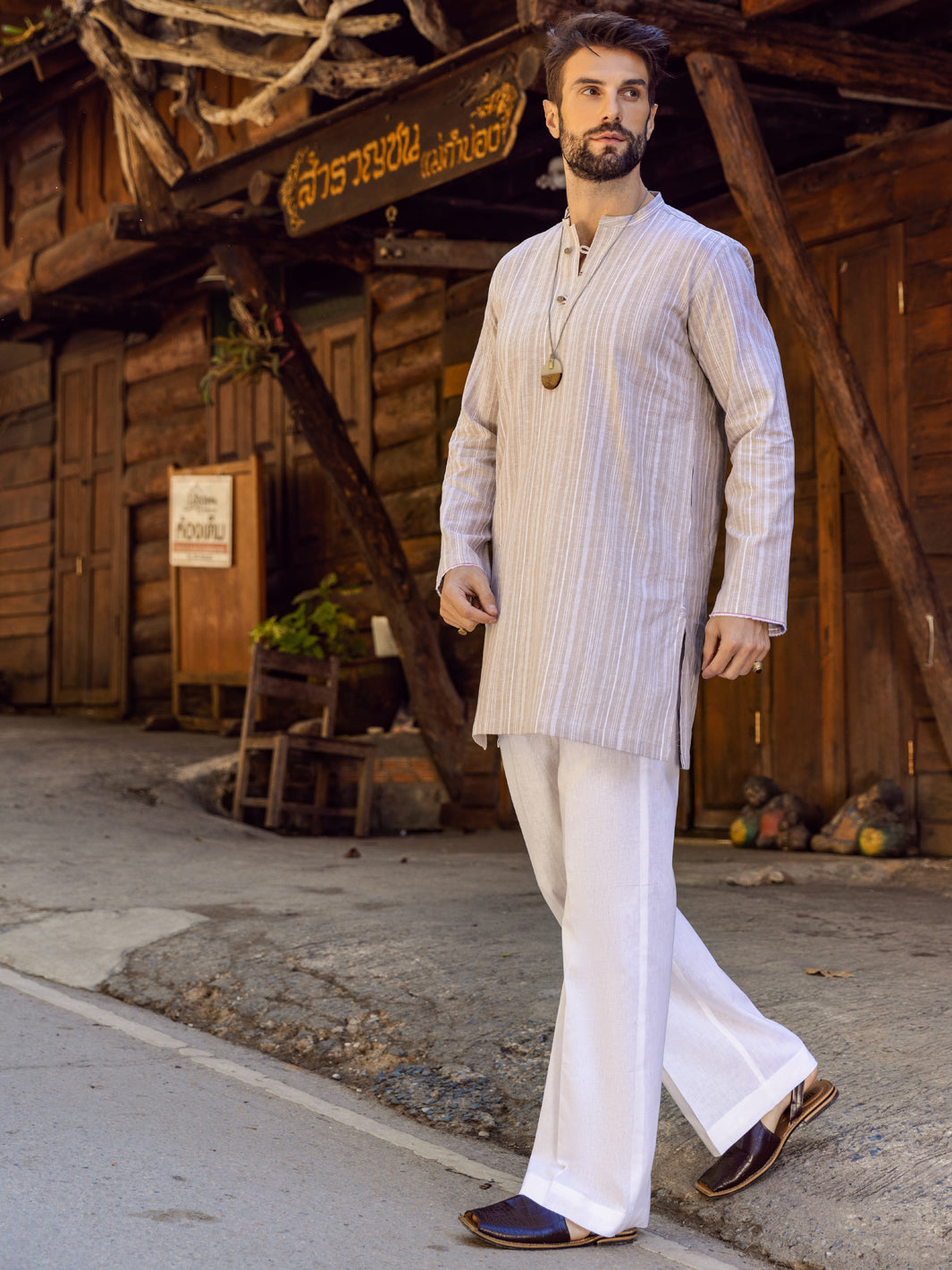 Khaki Linen Short Kurta - ALCR-K-046