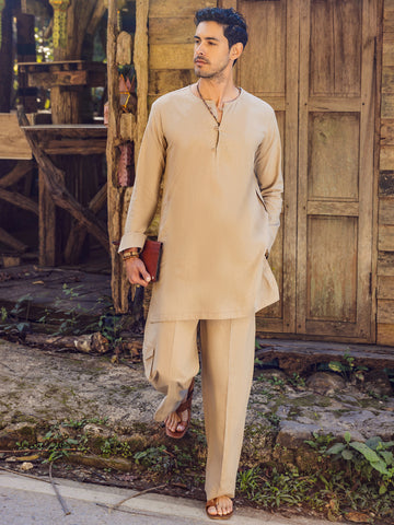 SAND BROWN LINEN SHORT KURTA TROUSER - ALCR-KT-002