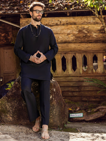 BLACK LINEN SHORT KURTA TROUSER - ALCR-KT-005