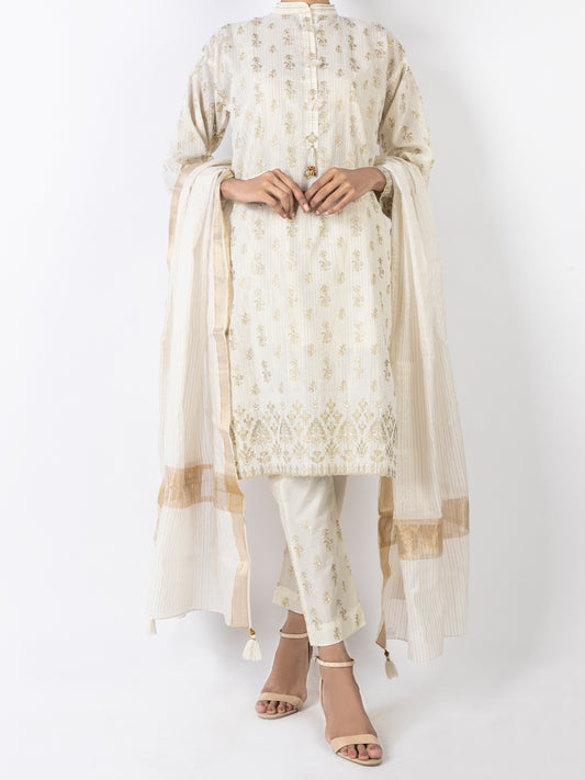 Off White Golden Lurex 3 Piece Stitched - ALP-3PS-1645