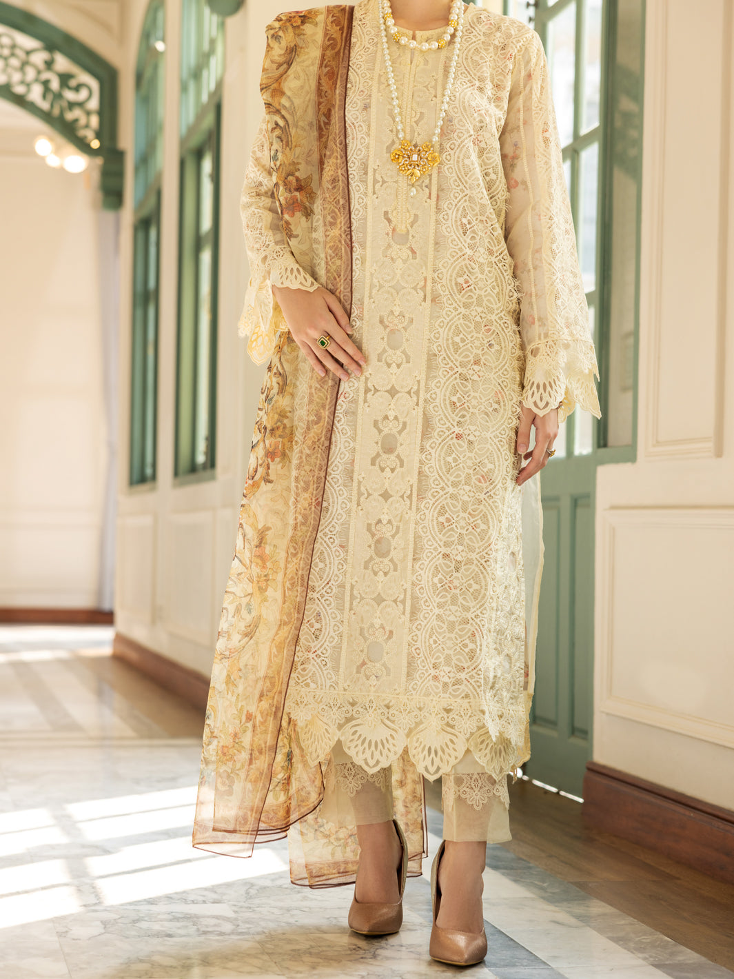 Off White Poly-Organza 3 Piece Unstitched - ALP-3PS-1786 - Almirah Online