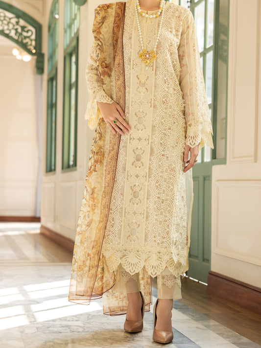 Off White Poly-Organza 3 Piece Unstitched - ALP-3PS-1786 - Almirah Online