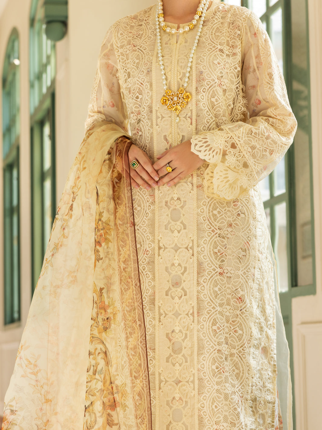 Off White Poly-Organza 3 Piece Unstitched - ALP-3PS-1786 - Almirah Online