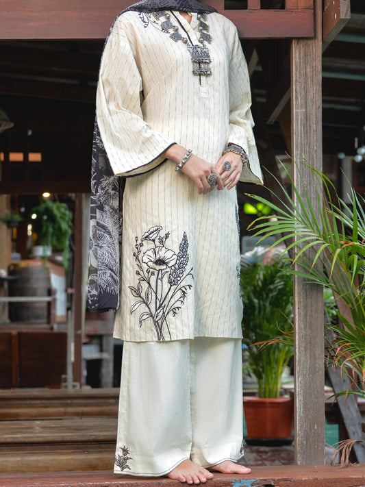 Off White Dobby 3 Piece Stitched - ALP-3PS-1832 - Almirah Online