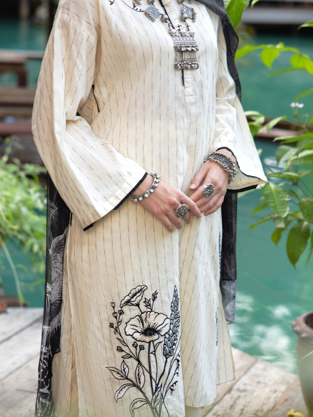 Off White Dobby 3 Piece Stitched - ALP-3PS-1832 - Almirah Online