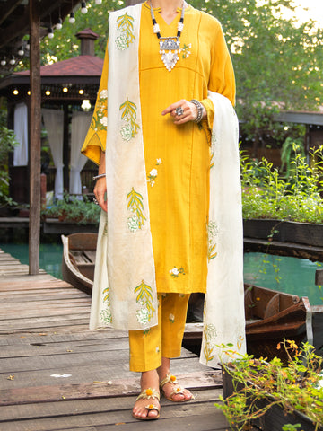 MUSTARD DOBBY 3 PIECE STITCHED - ALP-3PS-1833