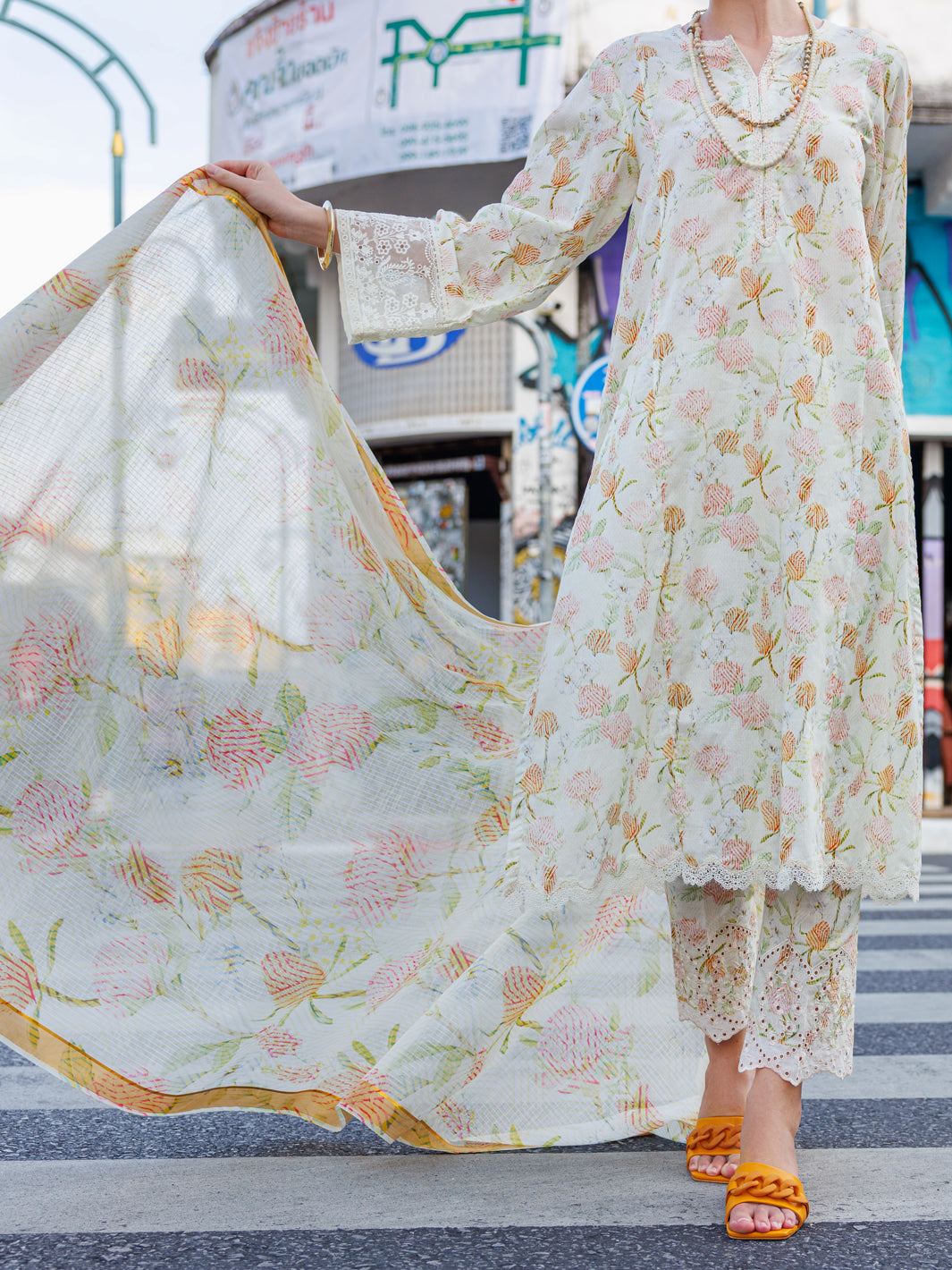 Cream Lawn 3 Piece Stitched - ALP-3PS-1842 - Almirah Online