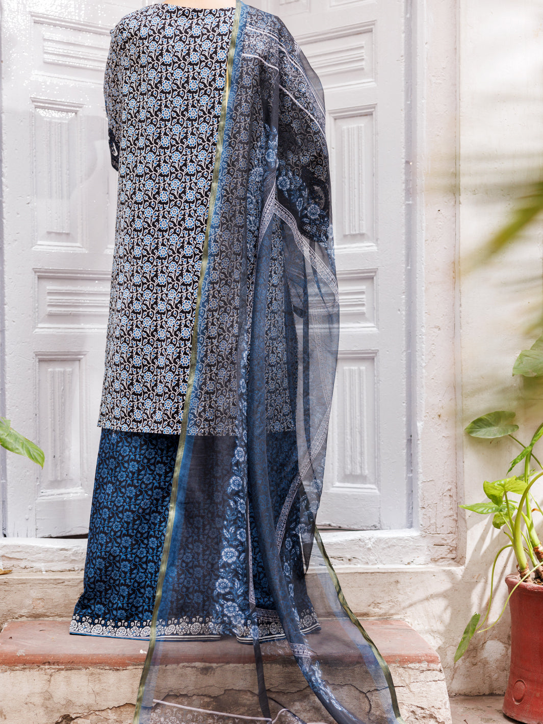 Black Stripe Dobby 3 Piece Stitched - ALP-3PS-1880 - Almirah Online