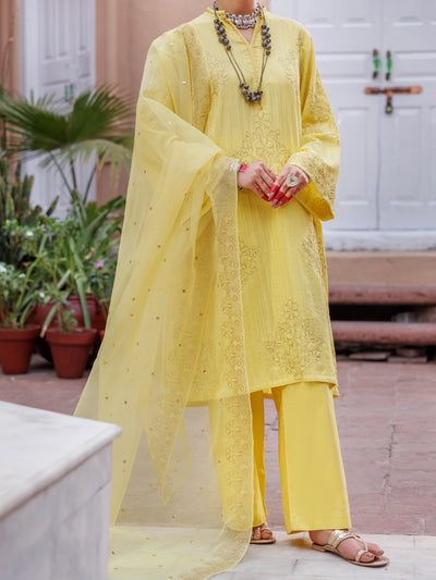 Yellow Dobby Jacquard 3 Piece Stitched - ALP-3PS-1952 - Almirah Online