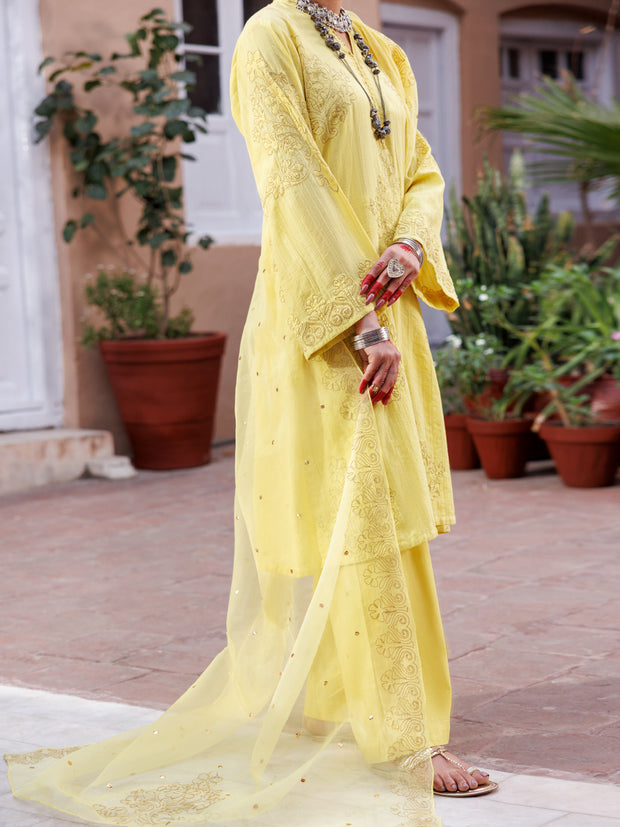 Yellow Dobby Jacquard 3 Piece Stitched - ALP-3PS-1952 - Almirah Online