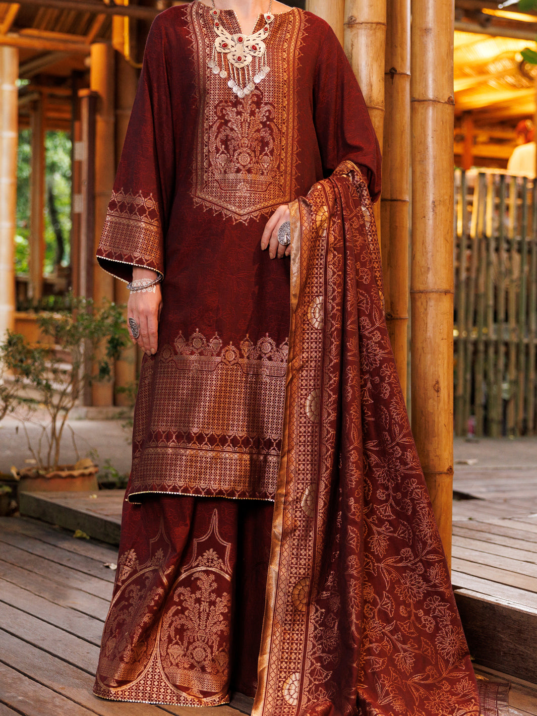 Maroon Yarn-Dyed Jacquard 3Pc Stitched - ALP-3PS-2020