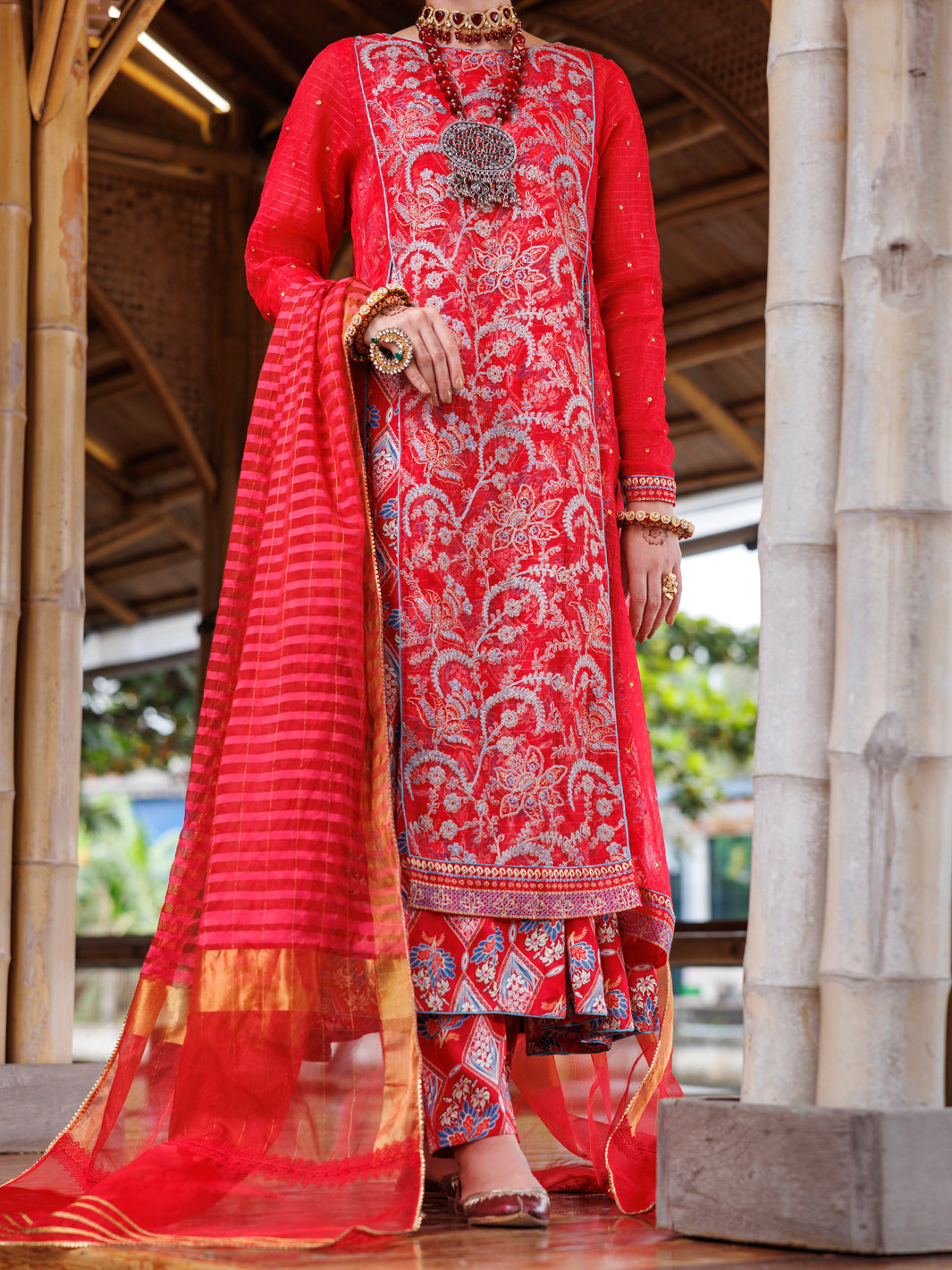 Red Stripe Organza 3Pc Stitched - ALP-3PS-2025