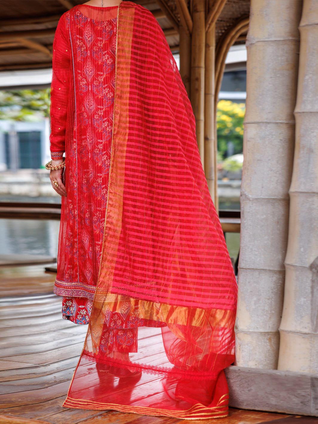 Red Stripe Organza 3Pc Stitched - ALP-3PS-2025