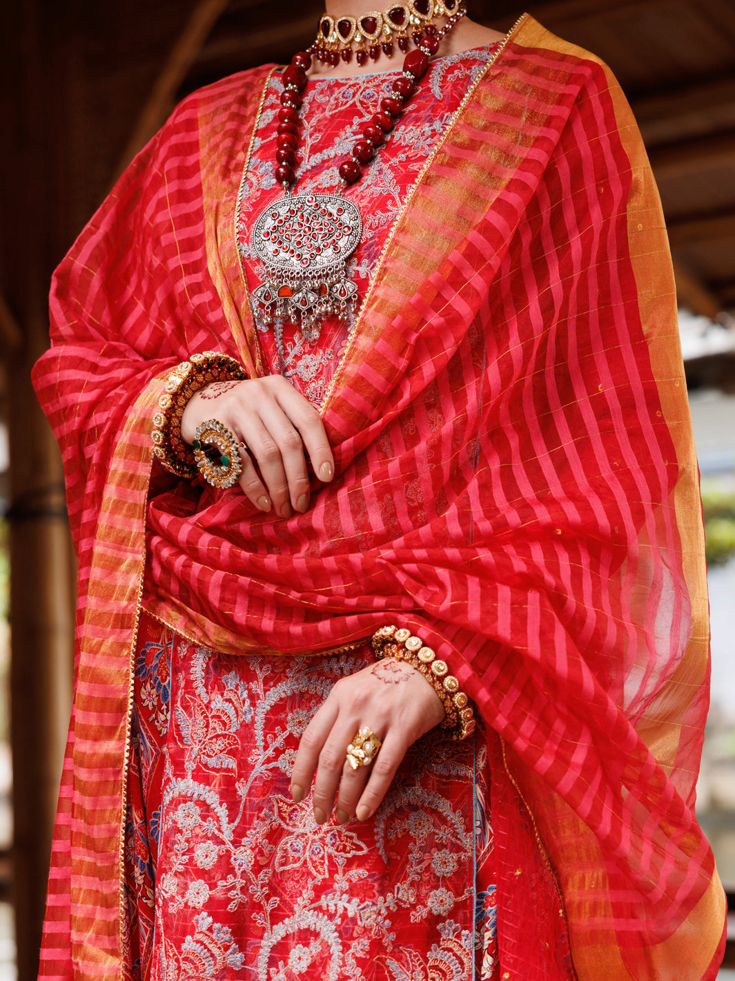 Red Stripe Organza 3Pc Stitched - ALP-3PS-2025