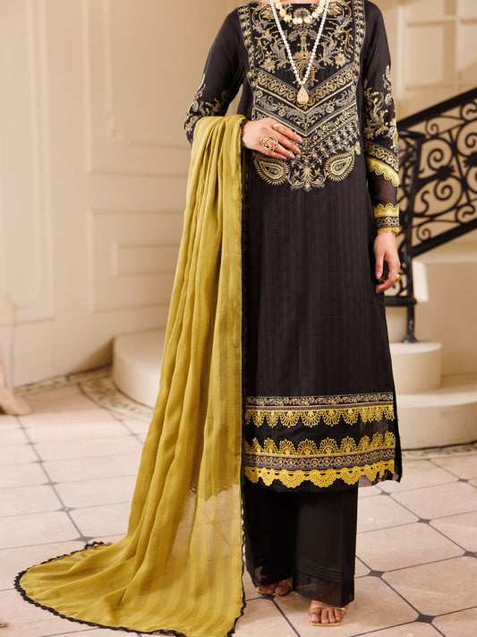 Black Cotton Dobby 3 Piece Unstitched - ALP-3PS-2225