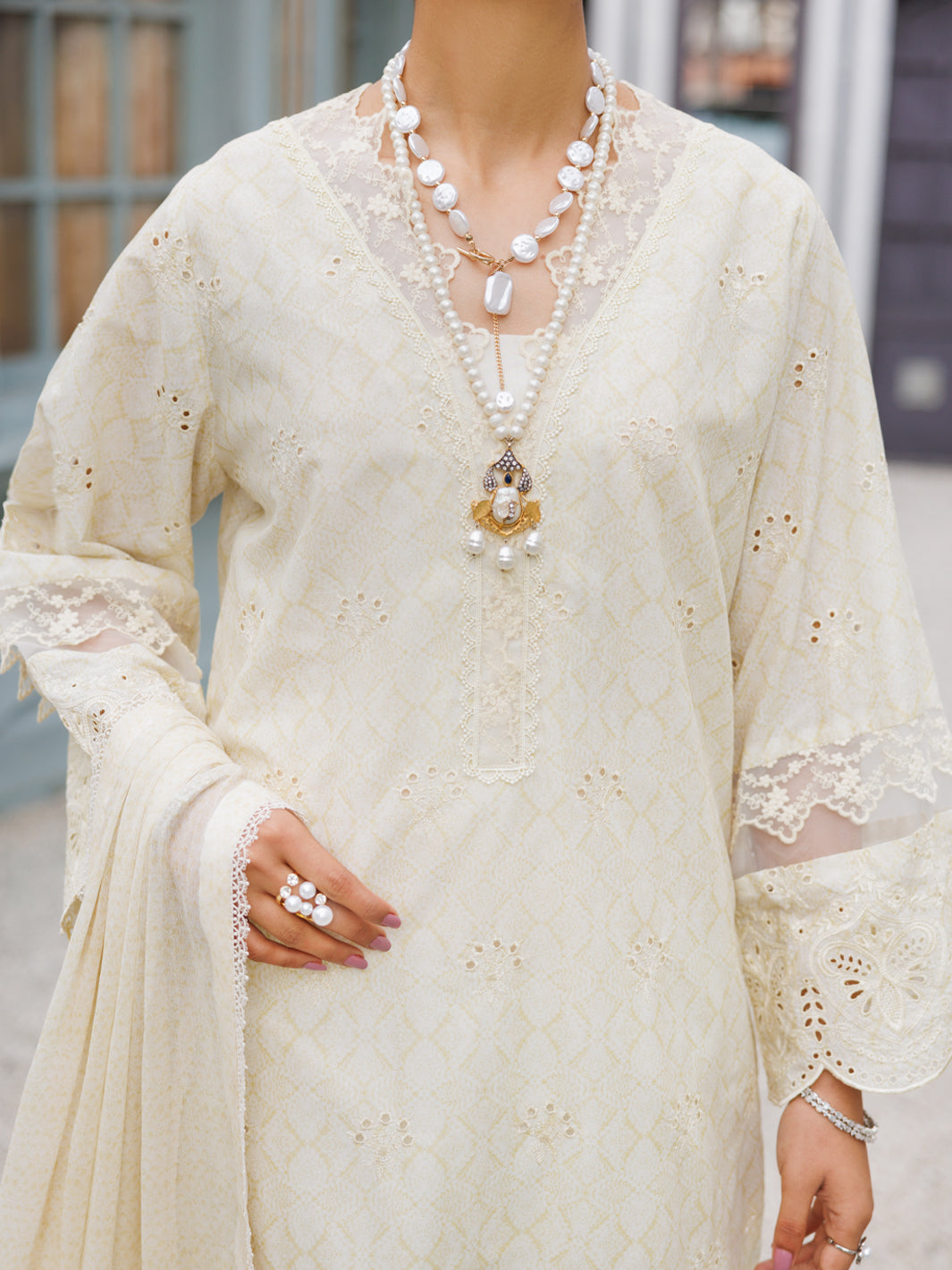 Off White Schiffli Lawn 3Pc Stitched - ALP-3PS-2273