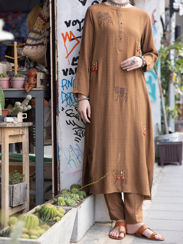 Brown Cotton Dobby 2 Piece Stitched - ALP-2PS-LKS-1822 - Almirah Online