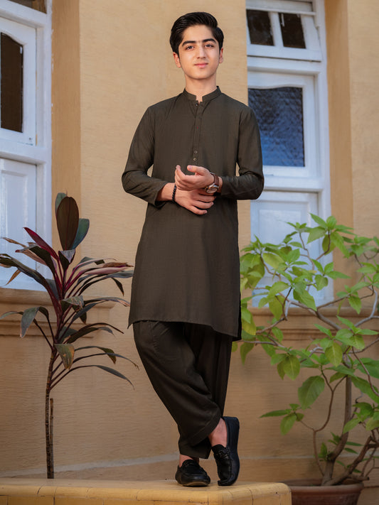 Olive Green Blended Kameez Shalwar - ALT-KS-078