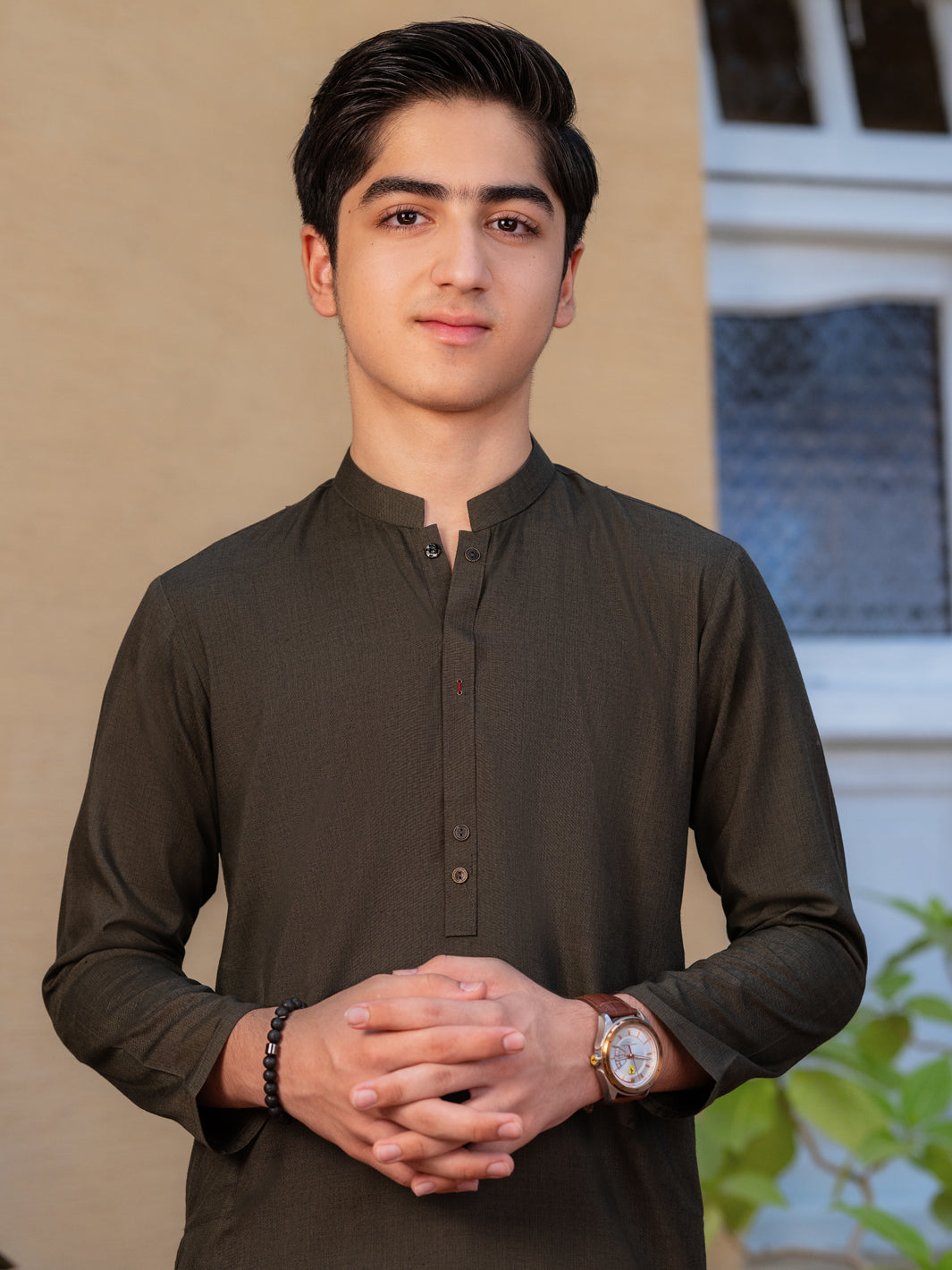 Olive Green Blended Kameez Shalwar - ALT-KS-078