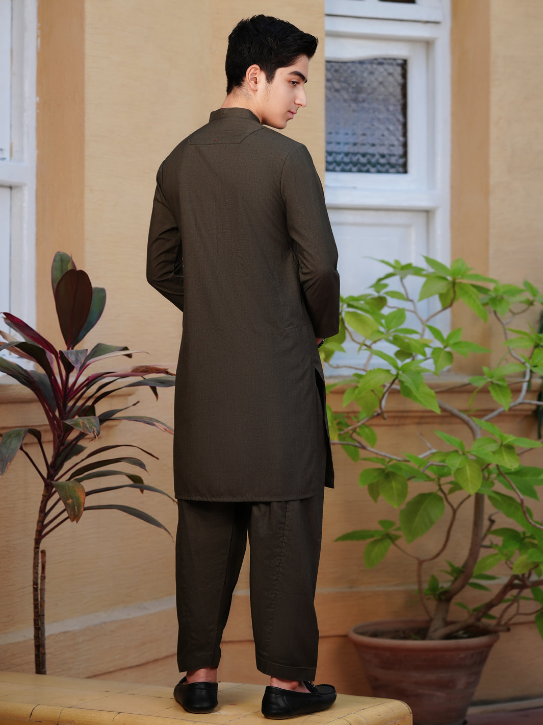 Olive Green Blended Kameez Shalwar - ALT-KS-078