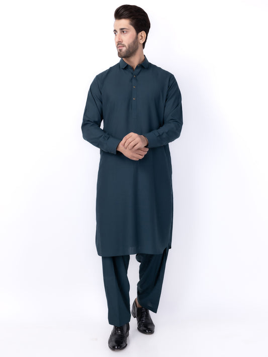 Dark Green Blended Kameez Shalwar - ALWA-KS-435 - Almirah Online