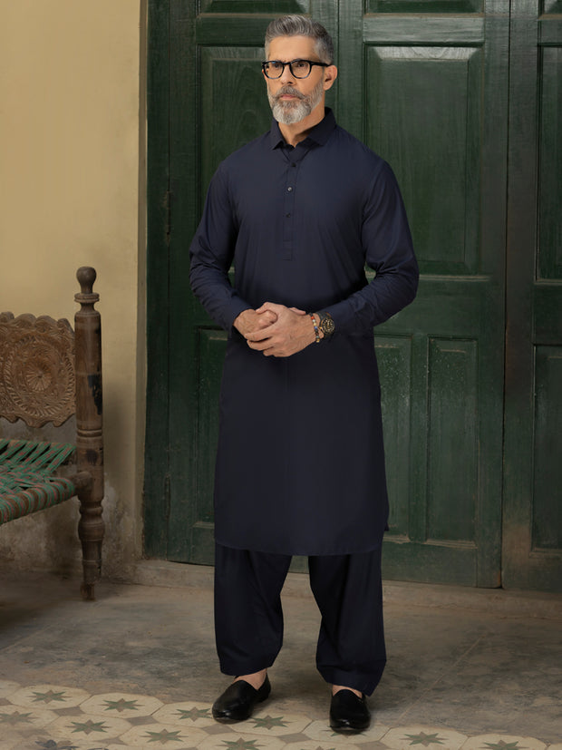 Navy Blue Blended Kameez Shalwar - ALWA-KS-458