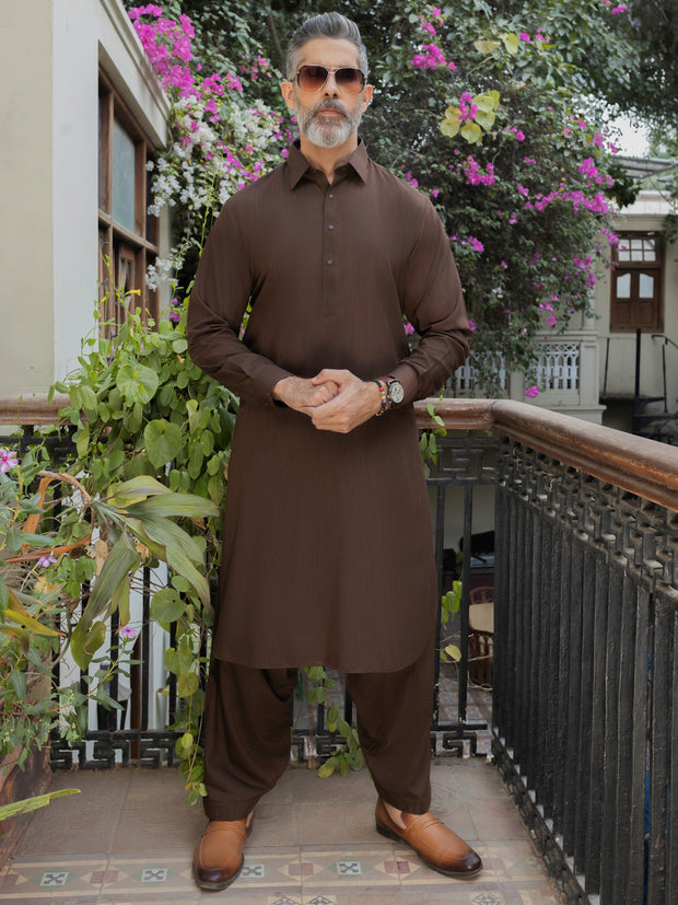 Brown Blended Kameez Shalwar - ALWA-KS-491