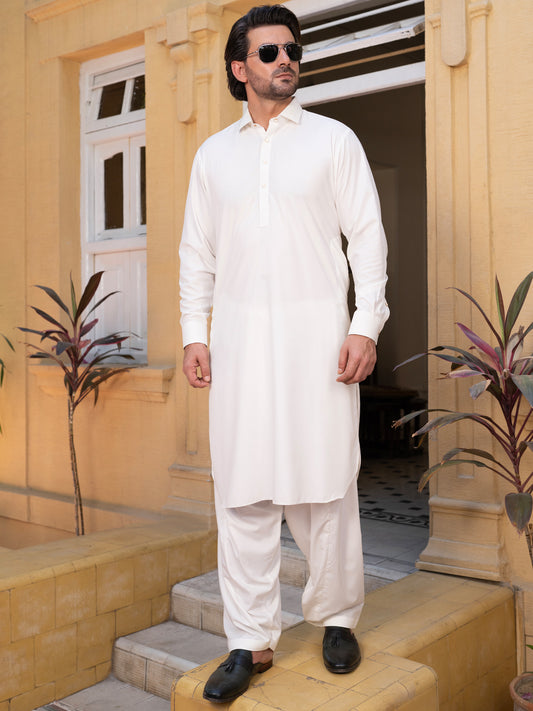 Off White Blended Kameez Shalwar - ALWA-KS-528
