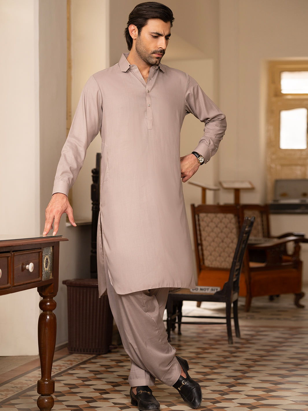 Light Brown Blended Kameez Shalwar - ALWA-KS-529