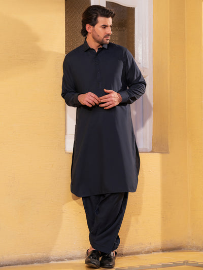 Dark Blue Blended Kameez Shalwar - ALWA-KS-532