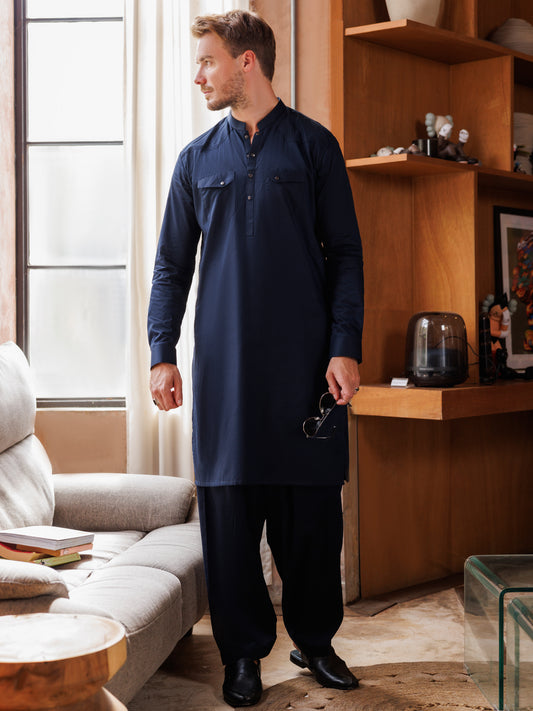 Navy Blue Cotton Kameez Shalwar - AL-KS-3038B - Almirah Online