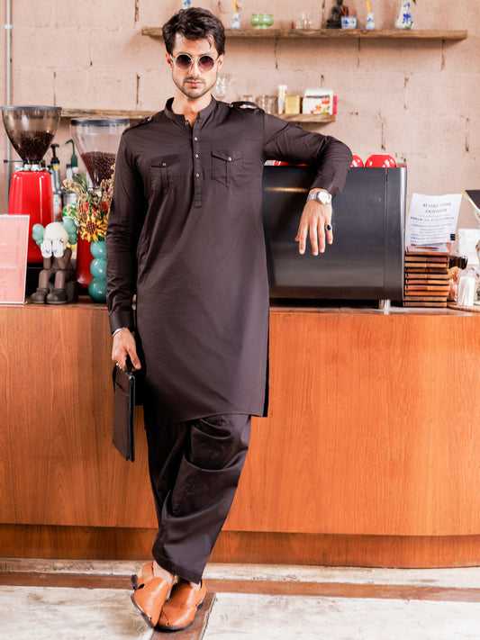 Dark Brown Cotton Kameez Shalwar - AL-KS-3037A - Almirah Online
