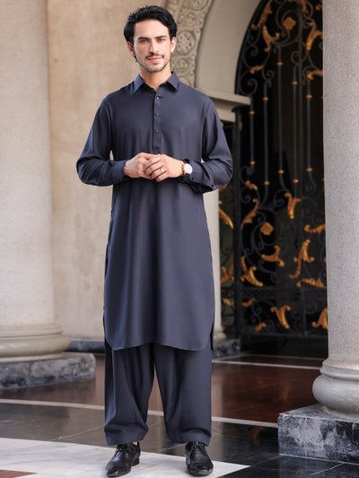 Dark Grey Blended Kameez Shalwar - ALWA-KS-425 - Almirah Online