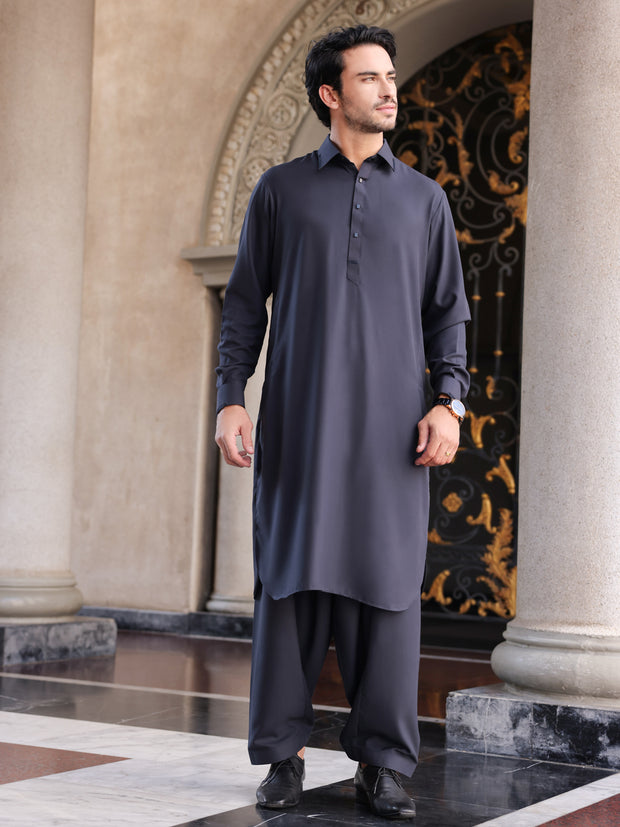 Dark Grey Blended Kameez Shalwar - ALWA-KS-425 - Almirah Online