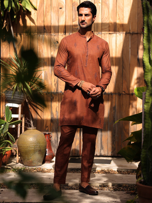 Rust Cotton Kurta Trouser - AL-KT-2931 - Almirah Online