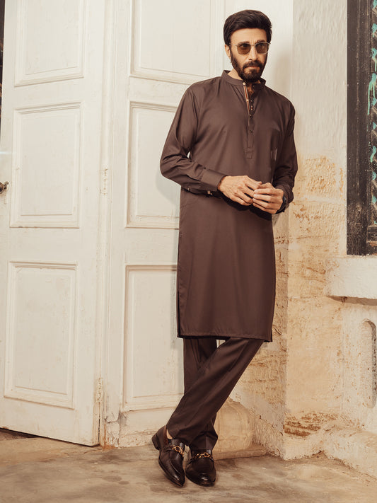 Brown Blended Kurta Trouser - AL-KT-3000E - Almirah Online