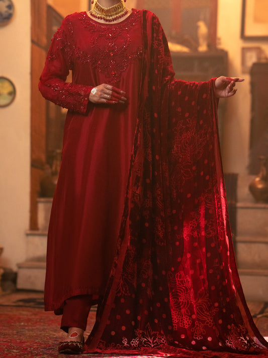 Red Sheesha Silk 3Pc Formal Unstitched - AL-3PS-LS-439