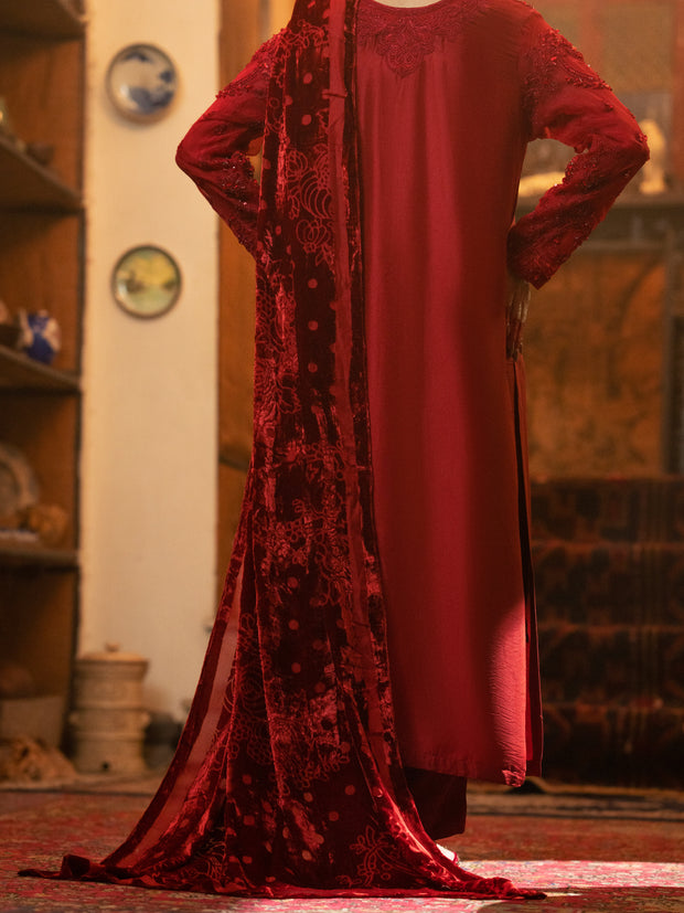 Red Sheesha Silk 3 Piece Formal Unstitched - AL-3PS-LS-439