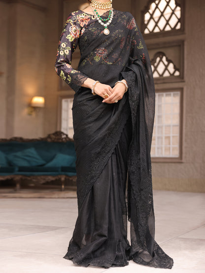 Black Khaddi Net Saree Unstitched - AL-3PS-LS-SR-UN-431