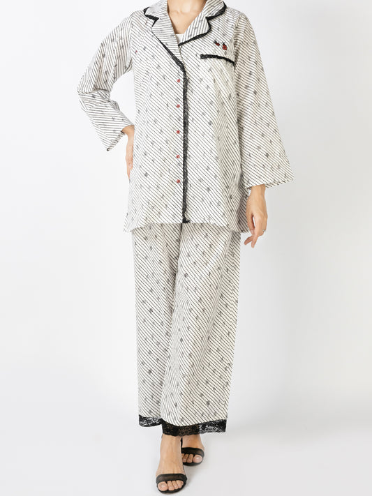 Black & White Cotton 2Pc Stitched Nightwear - AL-LKS-NW-1015