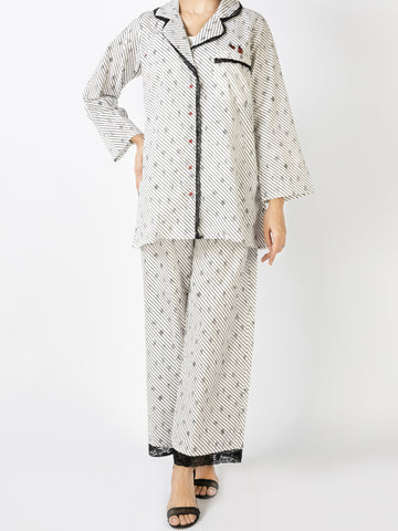 BLACK & WHITE COTTON 2 PIECE STITCHED NIGHTWEAR - AL-LKS-NW-1015