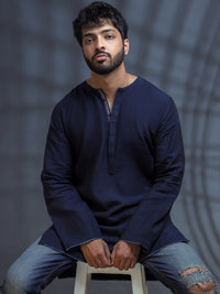 Dark Blue Linen Short Kurta - ALCR-K-006