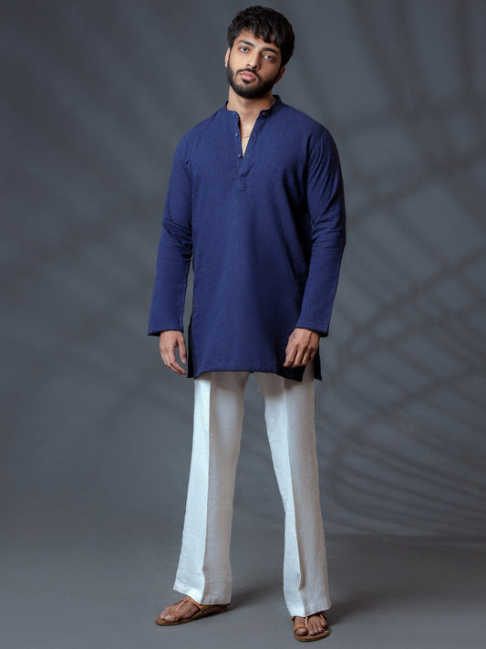 Blue Linen Short Kurta - ALCR-K-007 - Almirah Online
