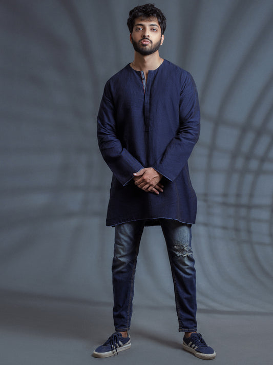 Dark Blue Linen Short Kurta - ALCR-K-006 - Almirah Online