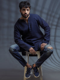 Dark Blue Linen Short Kurta - ALCR-K-006